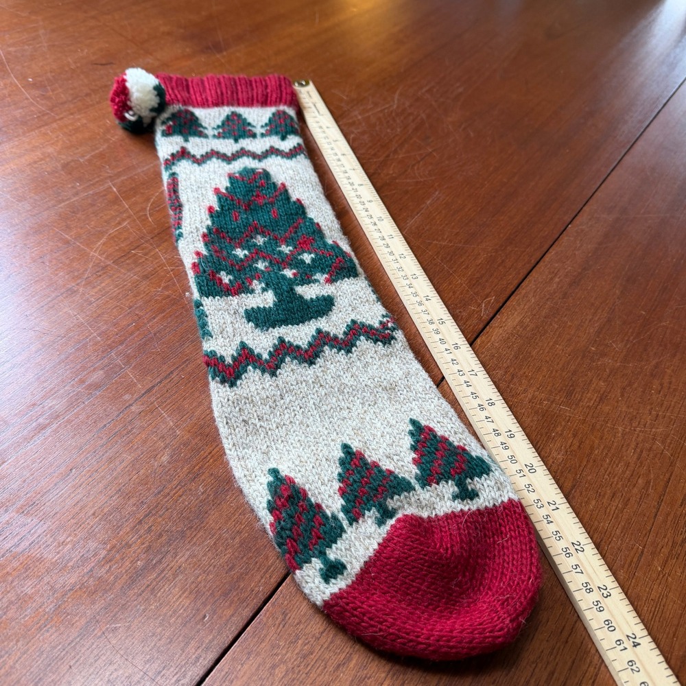 Vintage Knit Christmas Stocking Red Green Wool Blend Fair Isle Pine Tree 23"